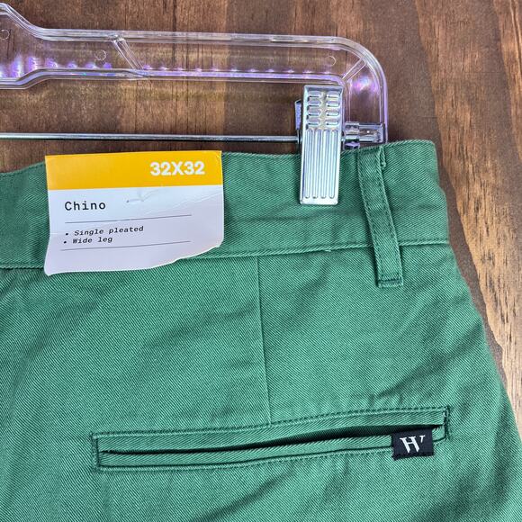 Houston White Mens Pants Green Chinos Single Pleated Wide Leg 100% Cotton 32x32 - Picture 11 of 12